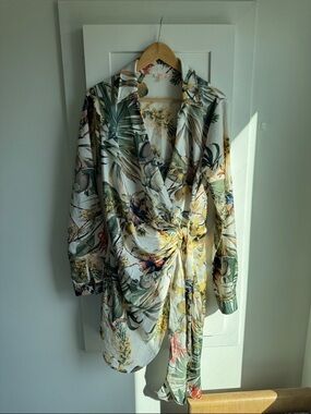 Vici Tropical Floral Wrap Dress in White, Green, Yellow